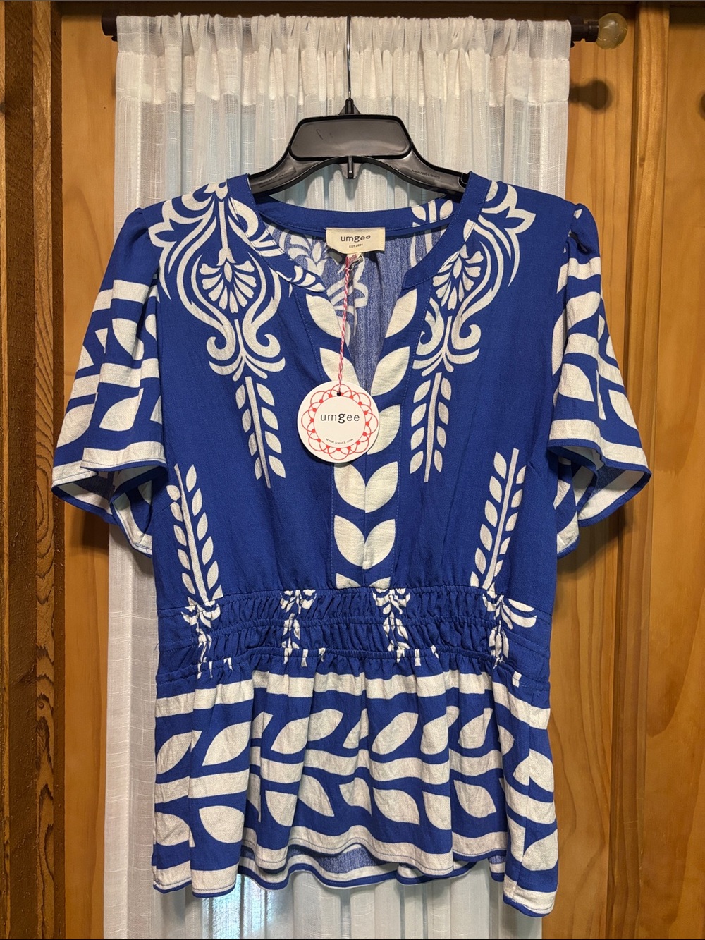 NWT Size M Umgee Royal Blue & White Printed Peplum Blouse